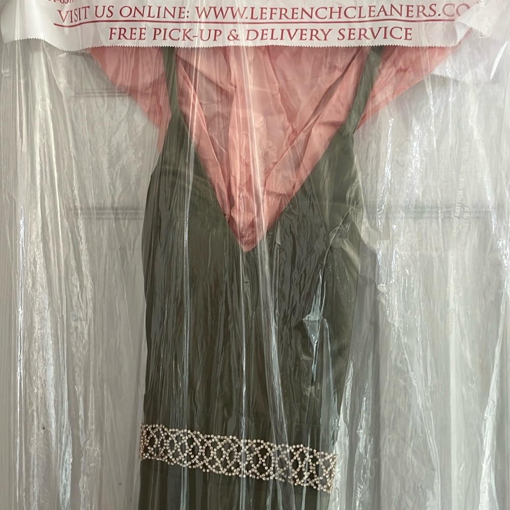 Green satin dress with gold belt sewed in. Backless with ruched butt.